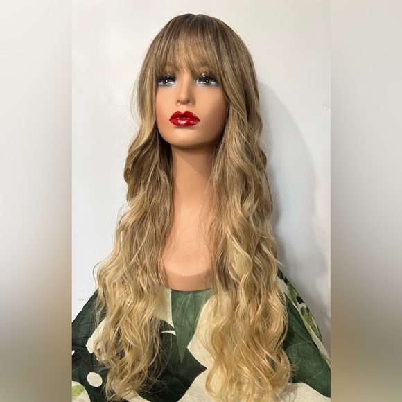 BLONDE WIG - Realistic Long Wavy Dirty Blonde Wig with bangs - Classic wig cap - Picture 1 of 11
